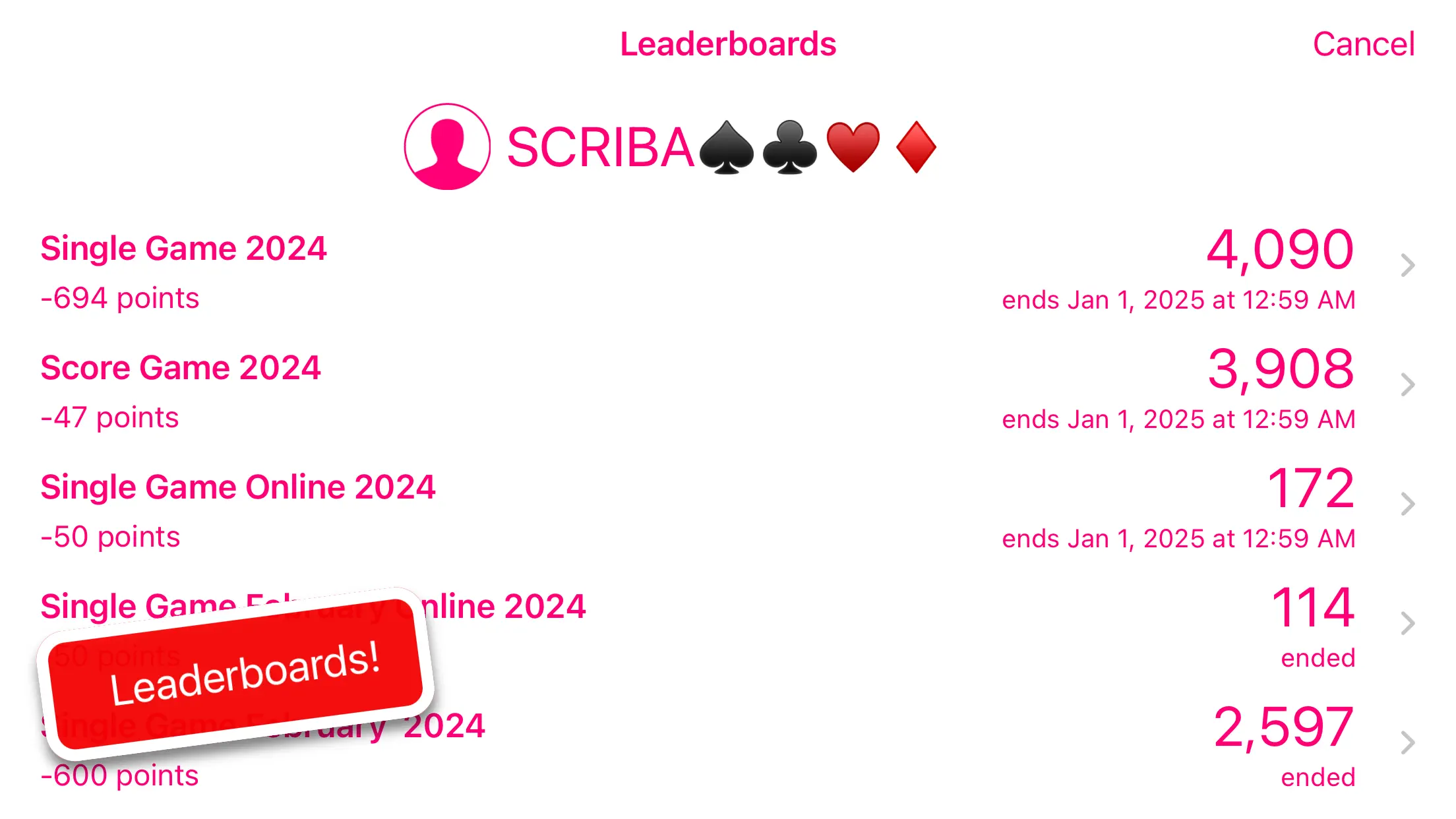 Machiavelli leaderboards for single, score and online games