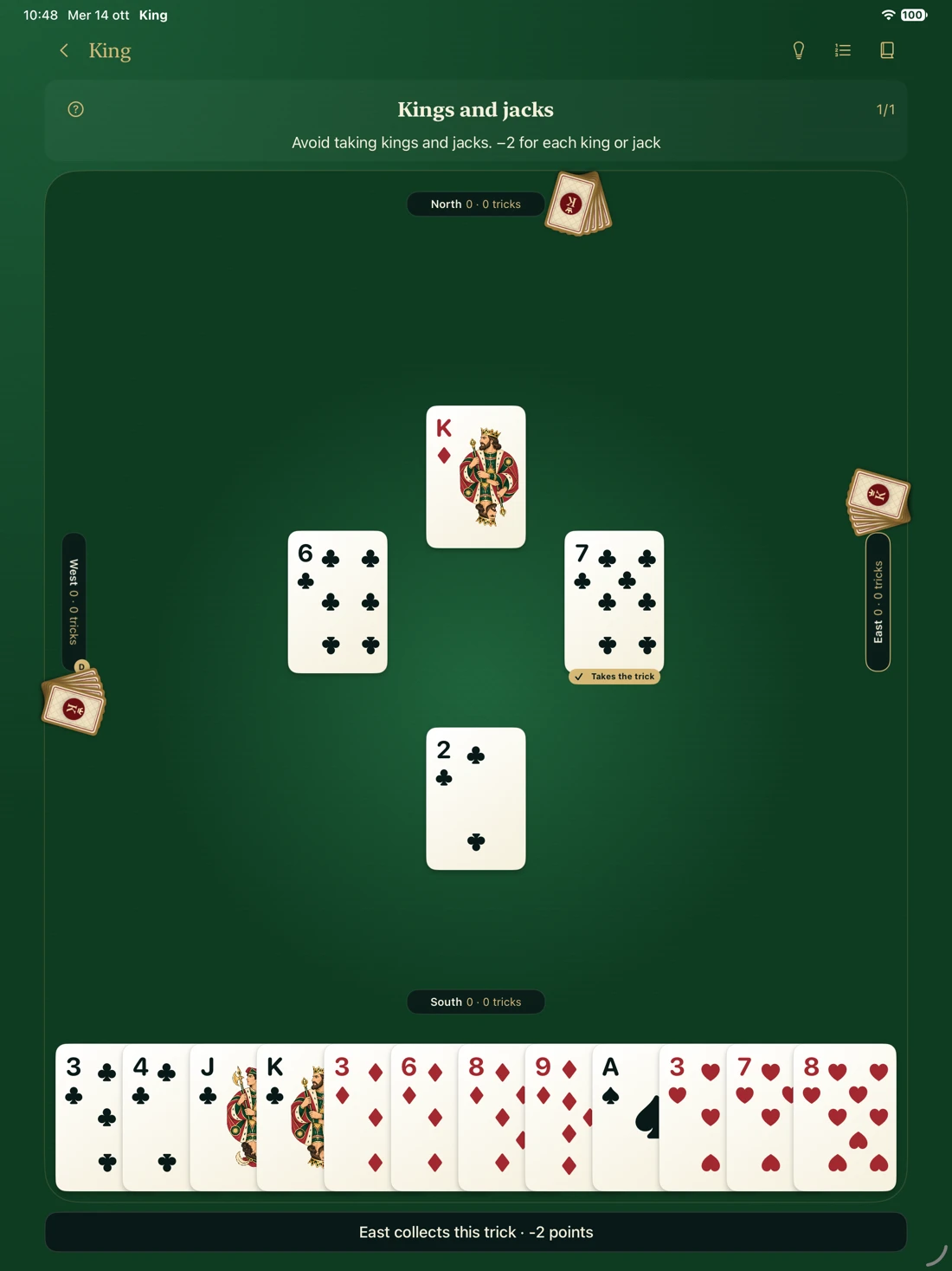 A hand of King in progress on iPad